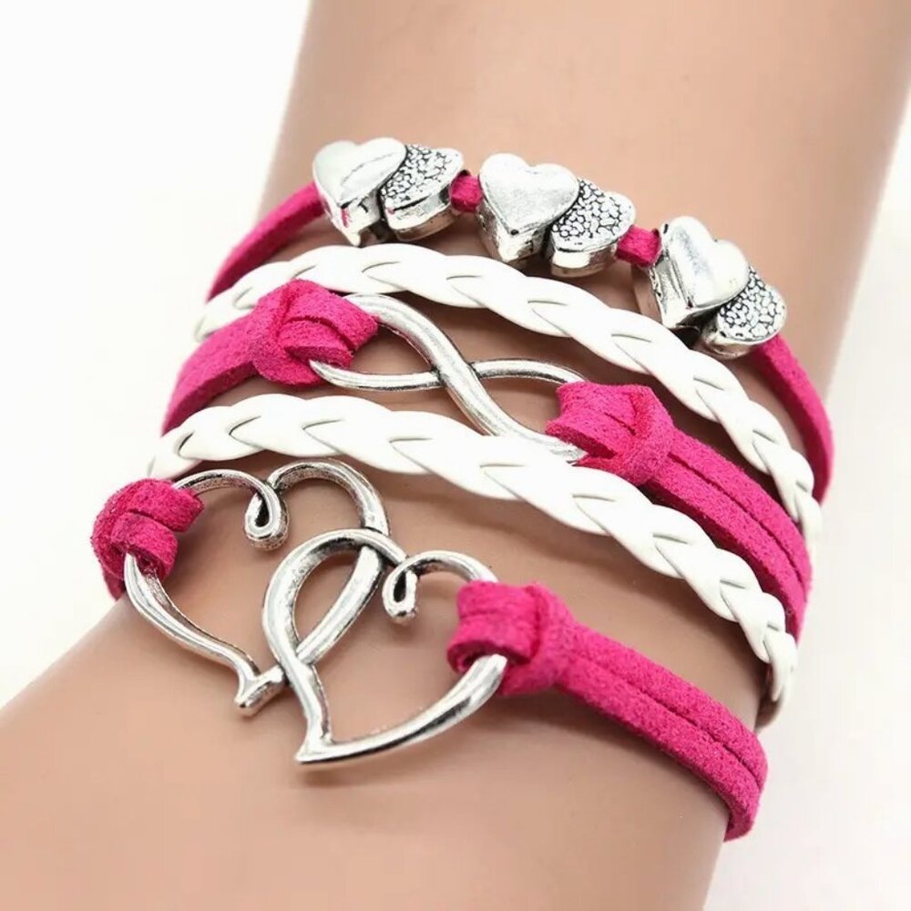 Leather Heart Layered Bracelet Cuff Rope Braided Boho Punk Goth Hippie Love Pink